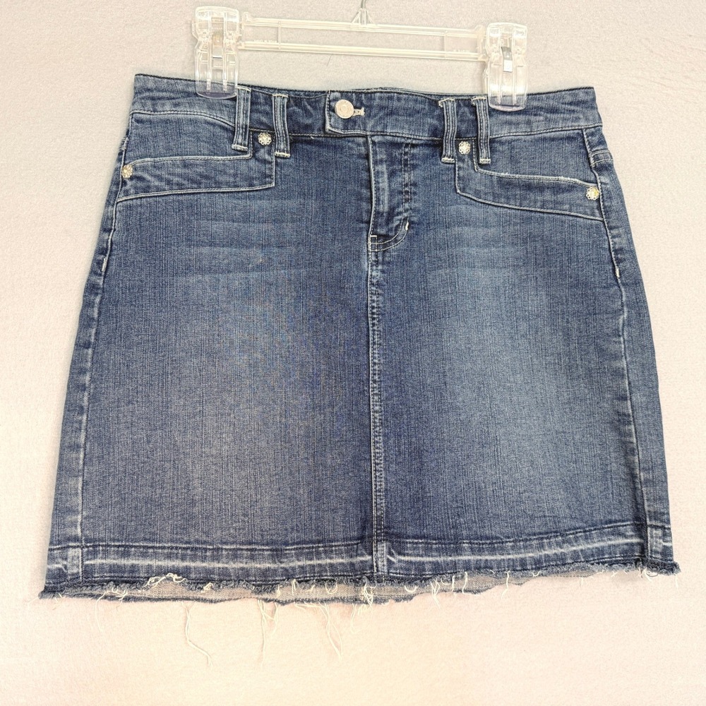 White House Black Market Denim Mini Skirt Womens Size 6 Blue‎ Cotton Raw Hem Y2K